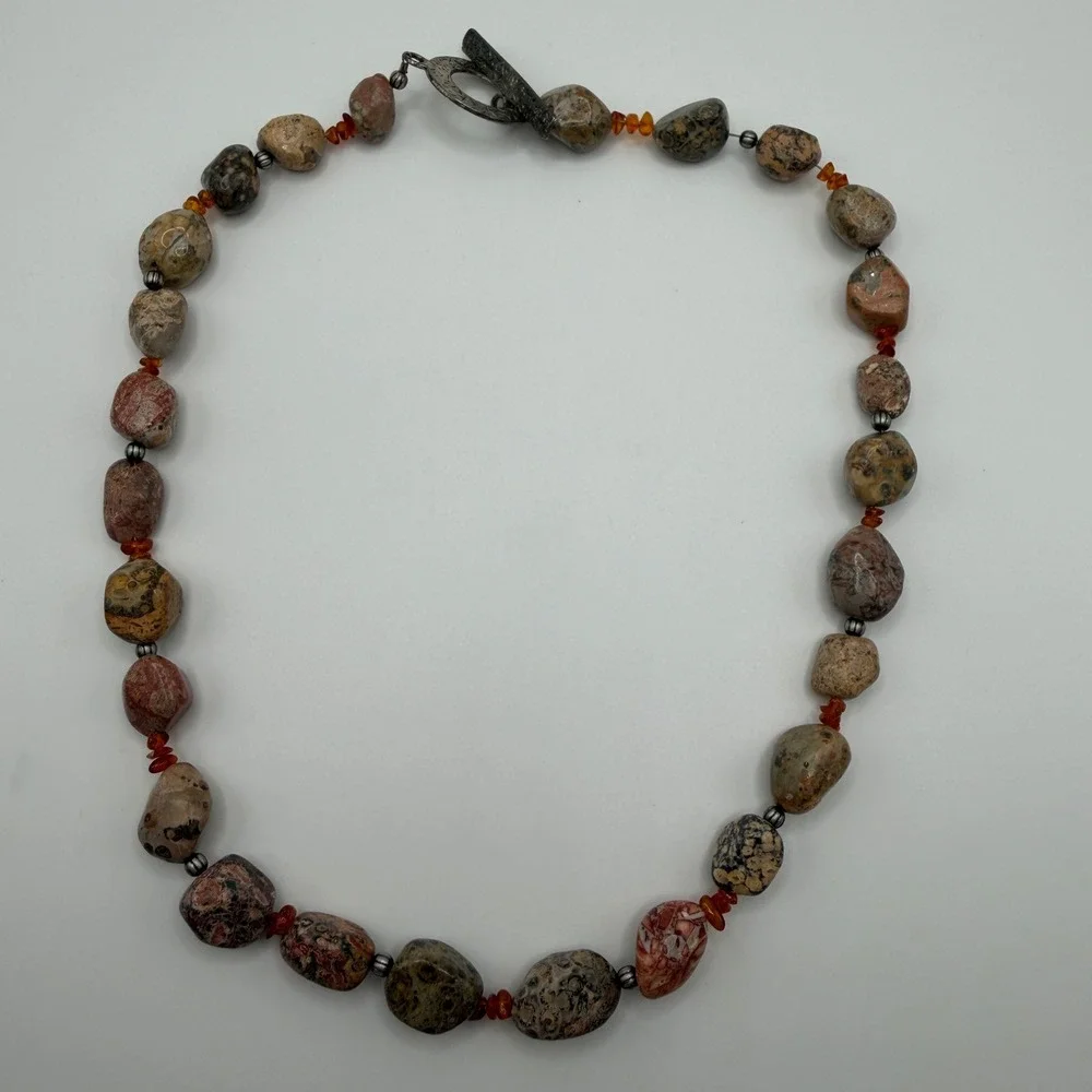Natural Jasper Carnelian Bead Necklace Earth Tone Chunky Stone Toggle Clasp Boho